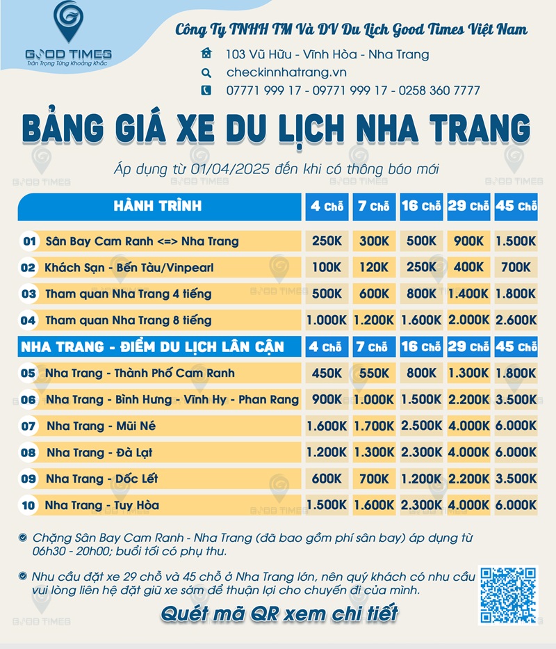 Bảng Giá Xe Du Lịch Nha Trang Good Times